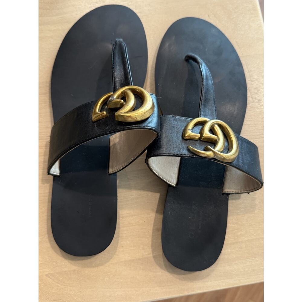 Gucci Marmont GG Women Thong Sandals Black Leather Size 39 US 8.5 Hardware Flaw - Picture 4 of 10